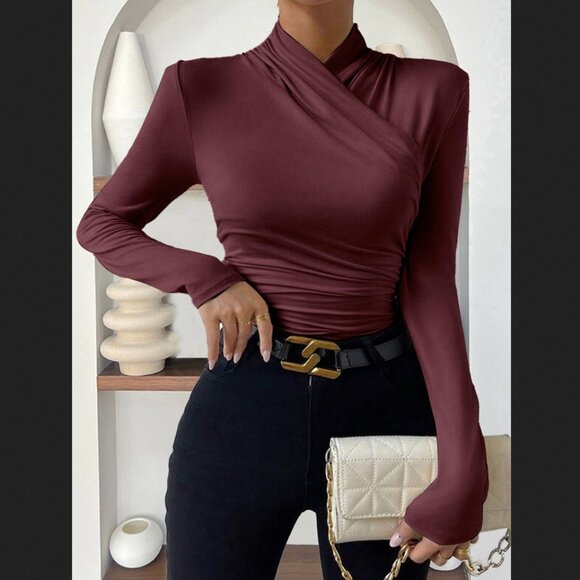 Commense Tops - Commense Medium Burgundy Red Cross Over Collar Ruched Tee TShirt Long Sleeve